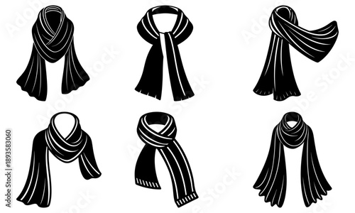 Collection of black scarves draped elegantly around necks and shoulders in various stylish illustrations