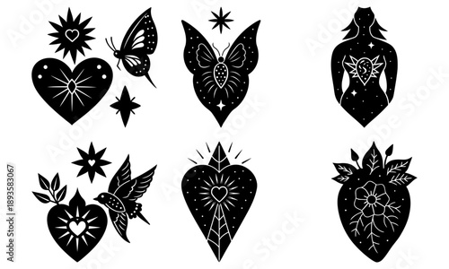 Black and white illustration of various tattoo designs featuring hearts, butterflies, and strawberries with floral and star elements