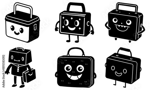 Collection of cartoon suitcases with various facial expressions and accessories walking