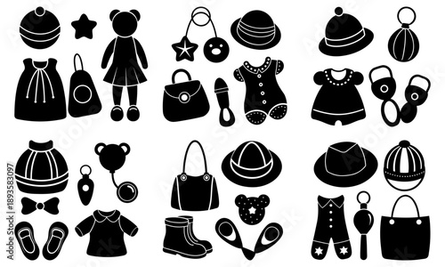 Collection of baby clothes and accessories displayed in a grid pattern