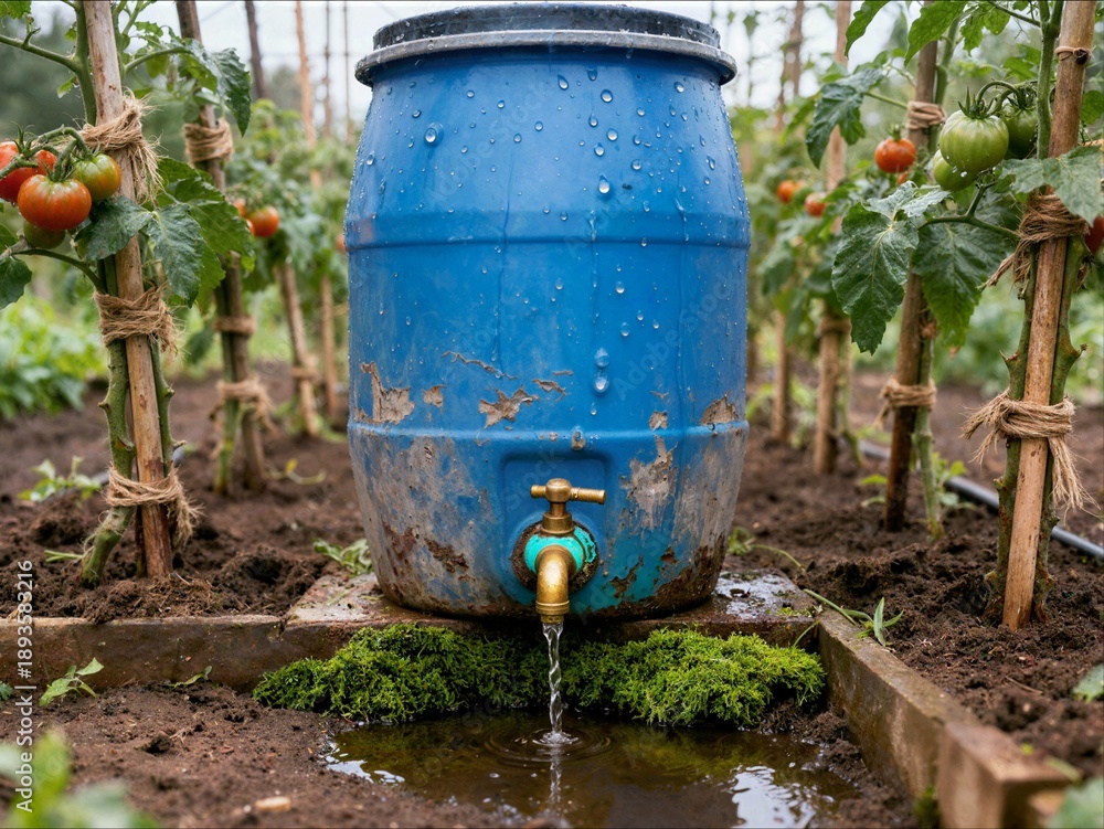 Obraz premium A blue plastic barrel for rain harvesting stands between rows of tomato plants with water pouring from its tap into a puddle.