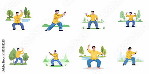 Set of vector illustrations depicting a man performing Tai Chi (Taijiquan) exercises outdoors in a park for balance, health, and relaxation.