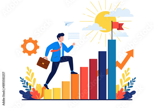 Business success and growth vector illustration of a man climbing a bar graph towards the sun and flag