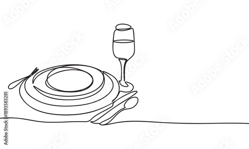 Continuous line drawing of an elegant dinner table setting with cutlery and wine glass
