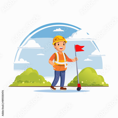 Construction worker marking site with red flag outdoors