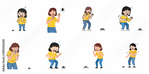 Arachnophobia vector set: Women show fearful, panicked, and distressed reactions to spiders, illustrating the common phobia of insects.