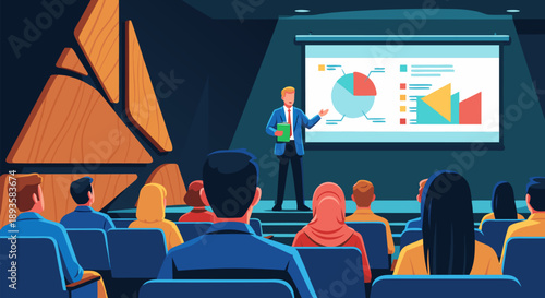 Engaging Business Presentation Vector Illustration with Audience Watching Charts on Screen