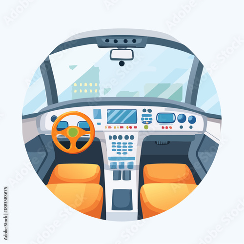 Modern car interior with orange seats and advanced dashboard