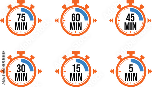 Collection of six orange and blue stopwatch displaying different minute durations for time