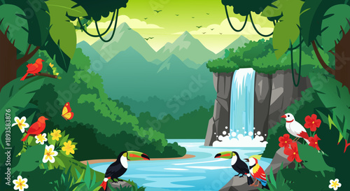 Vibrant jungle vector illustration with toucans and waterfall, lush tropical landscape, nature scene