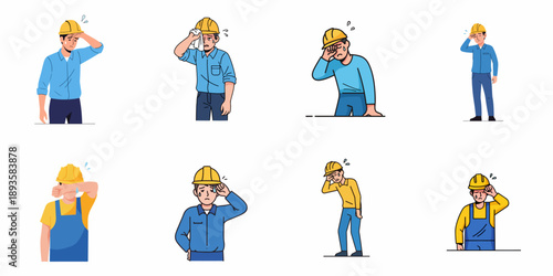 Set of construction workers suffering from heat exhaustion, fatigue, and workplace stress in various poses, wearing hard hats and workwear.