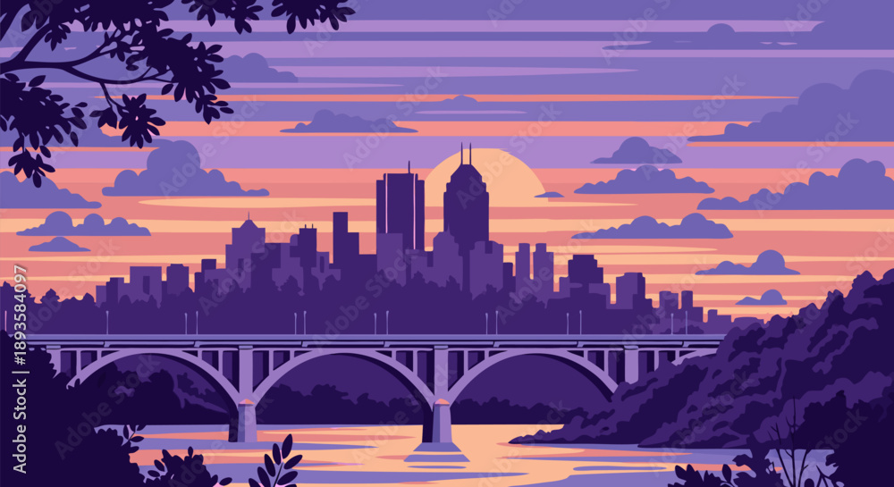 Fototapeta premium Pixel art vector illustration of a city skyline at sunset with a bridge over the river