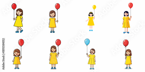Eight vector illustrations of happy little girls in yellow dresses holding colorful balloons, depicting childhood joy and celebration.