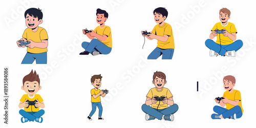 Collection of cartoon illustrations showing young boys happily playing video games with controllers in different sitting and standing poses.
