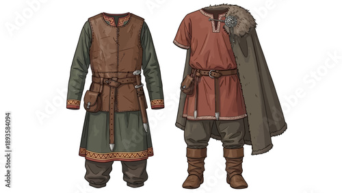 Medieval costume illustrations showcasing traditional attire and accessories from the period with cloak and leather vest