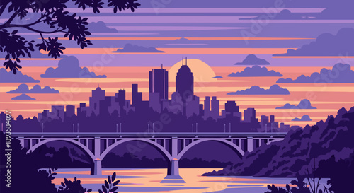 Pixel art vector illustration of a city skyline at sunset with a bridge over the river