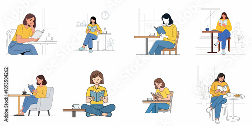 Collection of illustrations featuring women reading books, enjoying coffee, and relaxing in various cozy indoor and café settings.