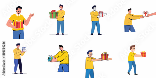 Happy Men Illustrations Collection Presenting Gifts for Holidays, Birthdays, and Celebrations, Symbolizing Generosity and Joy