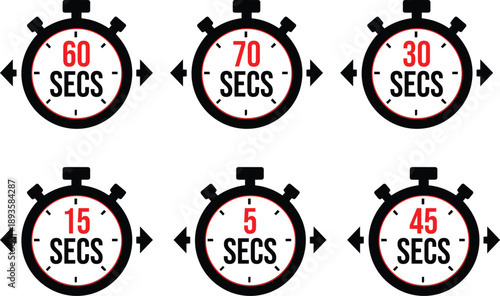 Set of six black and red stopwatch showing various second durations for time tracking