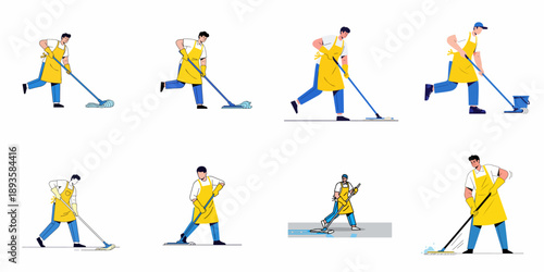 Vector collection of male janitor character illustrations performing floor cleaning duties with a mop and bucket on a white background.