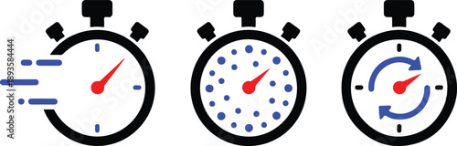 Three Stopwatch Representing Speed Time and Repetition With Red Needles and Blue Accents