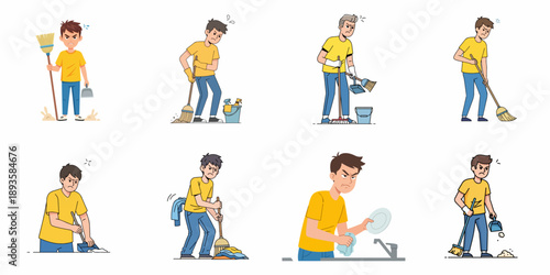Frustrated Men Cleaning Set: Cartoon Illustration of Reluctant Guys Sweeping Floors, Doing Laundry, and Washing Dishes.