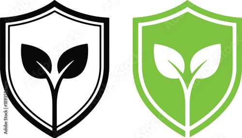 Two stylized shield one black and white one green showing a growing plant sprout