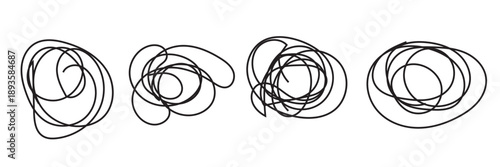 Abstract Scribble Circle Doodle  clew icon. Collection of hand drawn abstract circular scribbles in  lines, expressing chaos, creativity, movement, and artistic sketch concepts on white backgroud.
