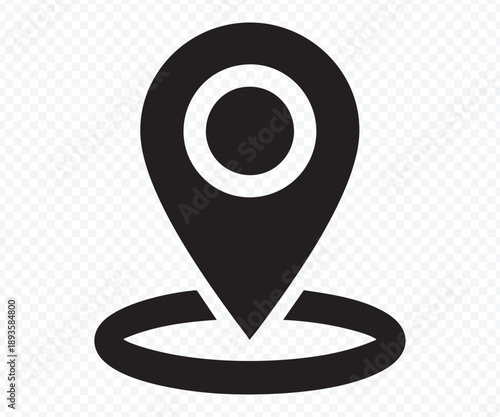 A simple black location pin icon with a circular base, representing a specific point on a map or GPS navigation.