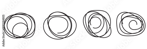 Abstract Scribble Circle Doodle  clew icon. Collection of hand drawn abstract circular scribbles in  lines, expressing chaos, creativity, movement, and artistic sketch concepts on white backgroud.
