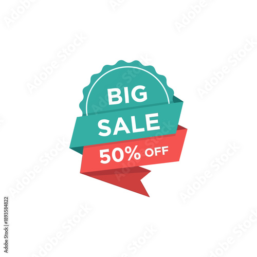 Promotional badge with 50% discount announcement in a graphic illustration style