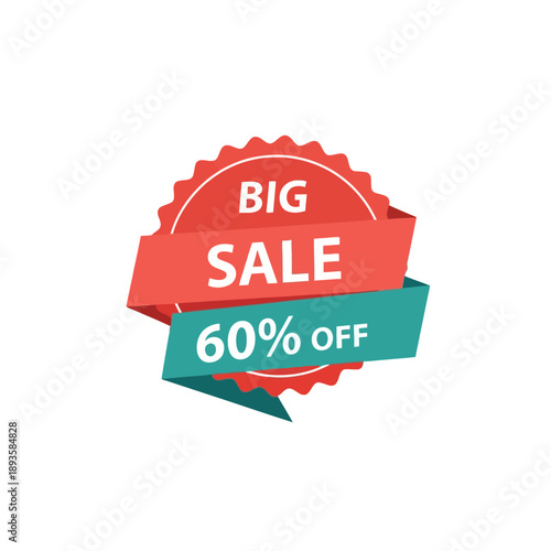A promotional banner with a red and green sale label displaying sixty percent off on a clean white background from a front viewpoint