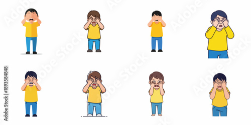 Collection of Cartoon Illustrations of a Sad or Scared Boy Crying and Covering His Eyes.