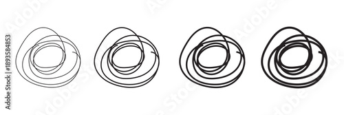 Abstract Scribble Circle Doodle  clew icon. Collection of hand drawn abstract circular scribbles in  lines, expressing chaos, creativity, movement, and artistic sketch concepts on white backgroud.
