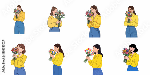 Set of eight vector illustrations depicting happy women holding and smelling colorful fresh flower bouquets, symbolizing spring, joy, and appreciation.