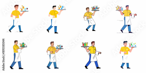 Professional waiters and servers carrying trays with various drinks like cocktails, coffee, juice, and wine. Set of eight flat vector illustrations.