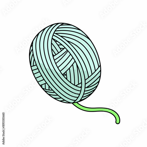 A simple cartoon illustration of a light blue ball of yarn with a green string trailing from it, isolated on a white background.