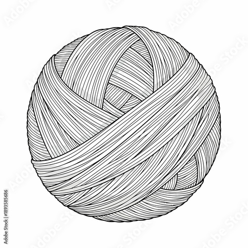 A detailed black and white line art illustration of a tightly wound ball of yarn or string, showing intricate texture and overlapping strands.