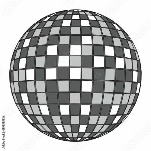 A monochrome illustration of a classic disco ball, featuring a spherical shape covered in numerous small, square, reflective facets in shades of grey and white.