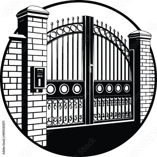 A wrought-iron gate is the central subject of the image. The gate features a decorative arch with circular and vertical bar elements, hinting at a classical or vintage design. It is set within a struc