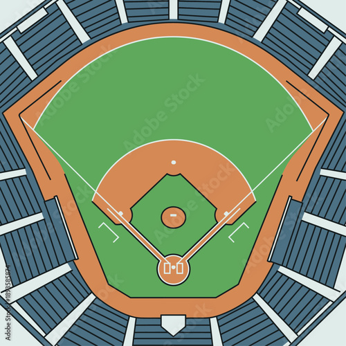 A detailed overhead graphic illustration of a baseball stadium with a green field, brown infield, and blue spectator stands.