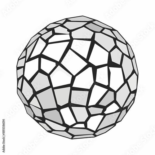 Abstract geometric sphere with irregular polygonal facets in shades of white and grey, resembling a shattered mosaic design element.