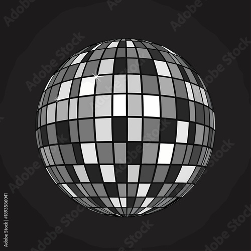 A detailed grayscale illustration of a classic disco ball with reflective mirror facets on a dark background, ready for a party.