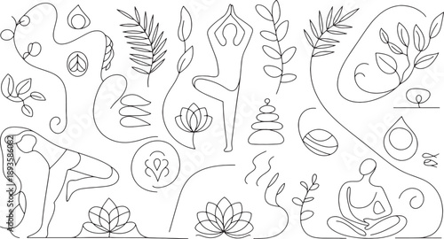 Minimalist continuous line art depicts various yoga poses, stacked stones, lotus flowers, and botanical elements representing health and mindfulness practices.