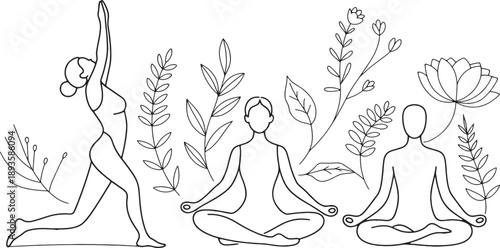 Three simplified figures demonstrate yoga poses surrounded by detailed botanical elements like leaves and a lotus flower suggesting wellness and mindful practice.