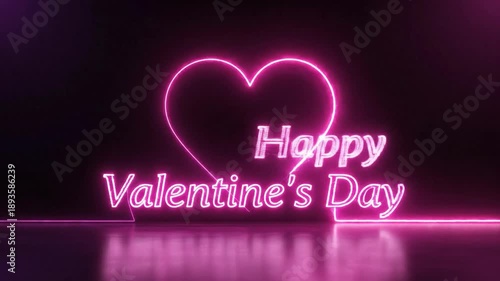 Happy Valentine's Day neon sign. Pink heart and text on dark background. Valentine day message. Heart shape neon light. Happy valentine greeting. Glowing pink heart. Neon heart on black