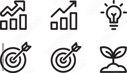 A collection of eight black outline icons depicts various grocery items and shopping tools, including a cart, produce, bread, and bottled goods on a white surface.