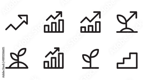 A set of eight simple line drawings illustrating concepts of financial increase, statistical upward movement shown via bar graphs, and natural expansion symbolized by small growing plants.