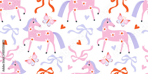 Seamless pattern with cute folk horse, ribbon bow and butterfly in gentle pastel colors. Playful hand drawn flat illustration for kid fabric, wrapping paper, wallpaper and decorative surface design