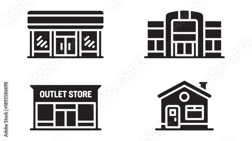 Four black silhouette icons depicting different types of commercial buildings including a shopfront, a mall structure, an outlet store, and a detached house.